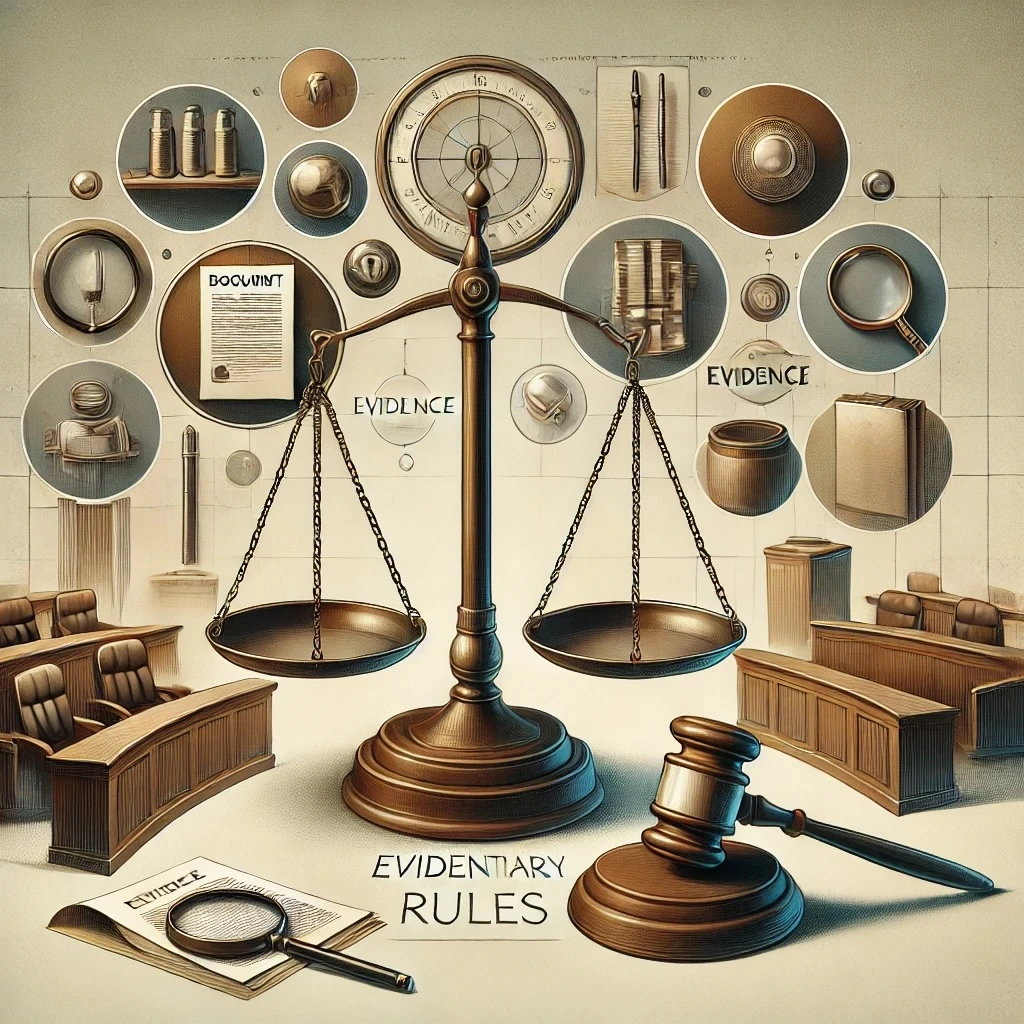 Illustration of evidentiary rules in a workers' compensation case, featuring balanced scales of justice with symbols like documents, witness stand, and gavel, set against a courtroom background, highlighting the importance of fair evidence in securing injured workers' rights and benefits.