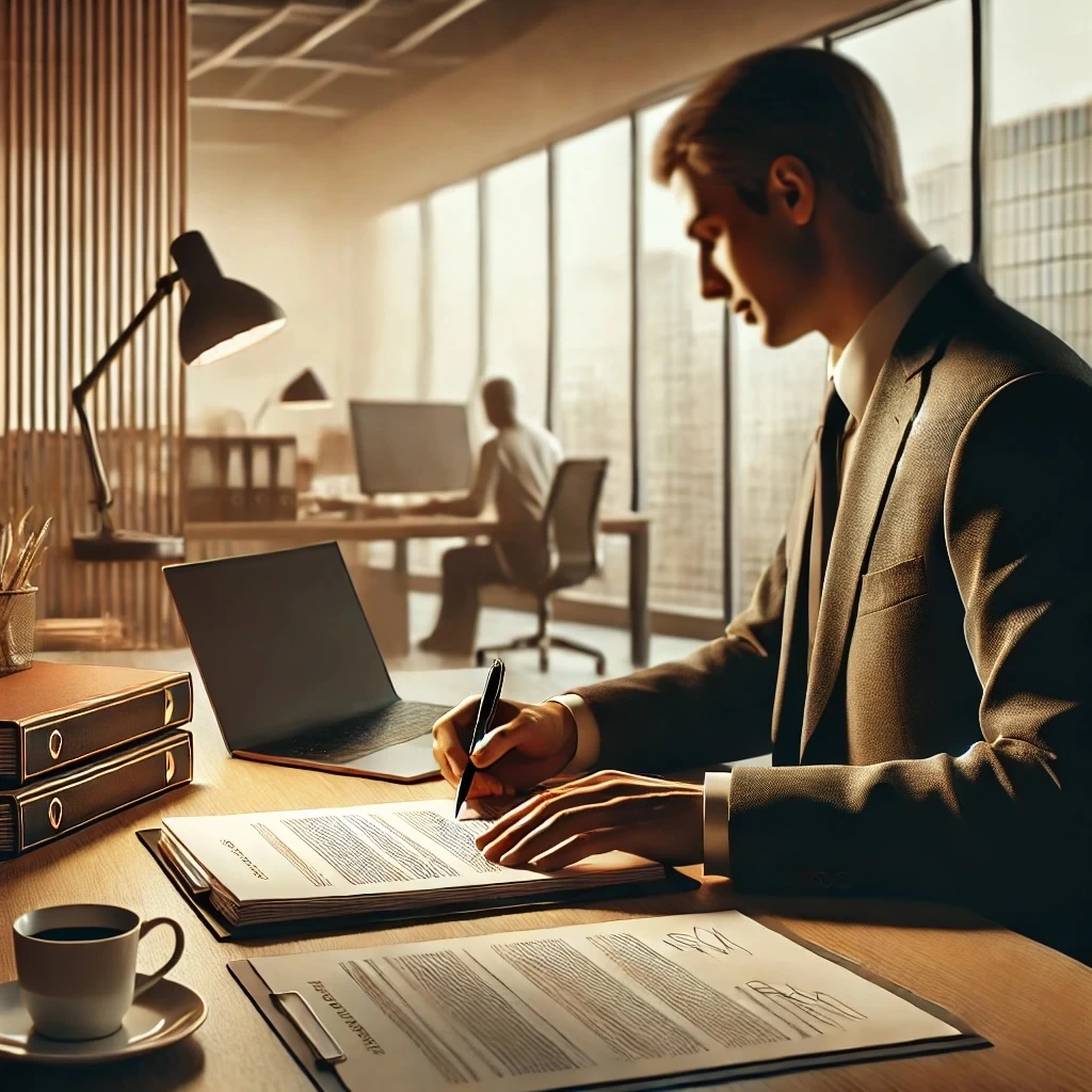 a person filing a workers' compensation claim in an office, representing the process under Pennsylvania's new Workers' Comp Bill 365. The individual reviews paperwork and uses a laptop, symbolizing the careful documentation required to claim benefits, including mental health coverage for first responders after traumatic events. The scene emphasizes professionalism and accuracy in claim submissions.