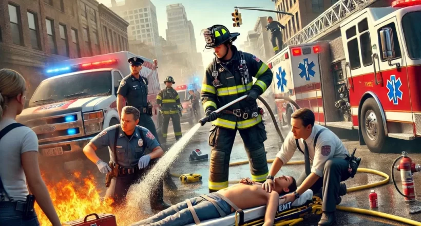 a firefighter, police officer, and EMT – working together at an emergency scene in a Pennsylvania city. This scene reflects the critical support offered to these workers through Pennsylvania Workers' Comp Bill 365, which expands benefits to cover mental health conditions from traumatic events. The image underscores the bill's focus on protecting those who risk their lives daily.