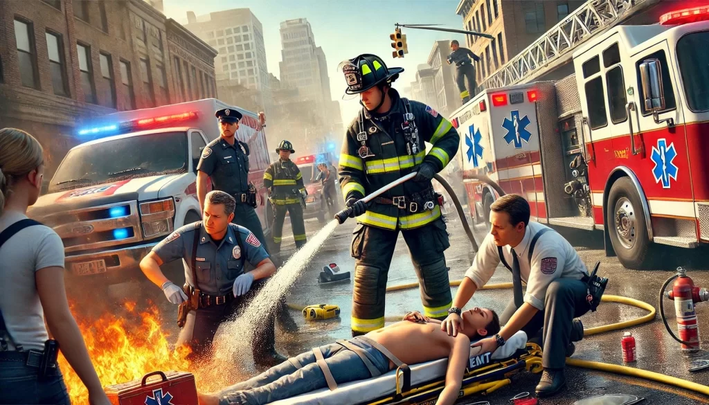 a firefighter, police officer, and EMT – working together at an emergency scene in a Pennsylvania city. This scene reflects the critical support offered to these workers through Pennsylvania Workers' Comp Bill 365, which expands benefits to cover mental health conditions from traumatic events. The image underscores the bill's focus on protecting those who risk their lives daily.