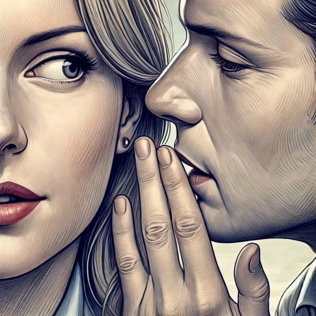 Close-up illustration of one person whispering confidentially to another, symbolizing hearsay in a workers' compensation context. Depicts the exchange of information that may be considered unreliable in legal cases, highlighting the importance of direct evidence over secondhand accounts for injured workers seeking fair compensation.