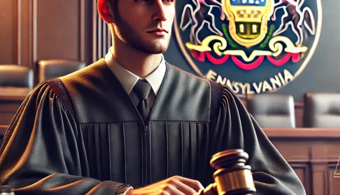 Pennsylvania workers' compensation judge seated in a courtroom setting, wearing formal attire, presiding over a case with legal documents and a gavel, representing fairness and due process in workers' compensation hearings.