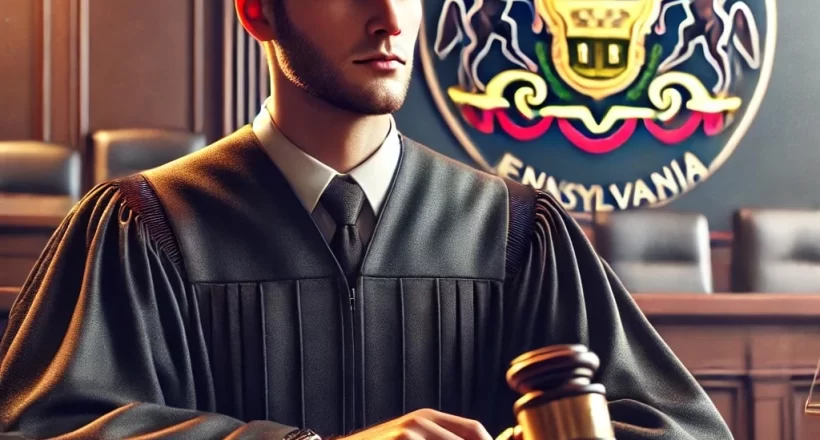 Pennsylvania workers' compensation judge seated in a courtroom setting, wearing formal attire, presiding over a case with legal documents and a gavel, representing fairness and due process in workers' compensation hearings.