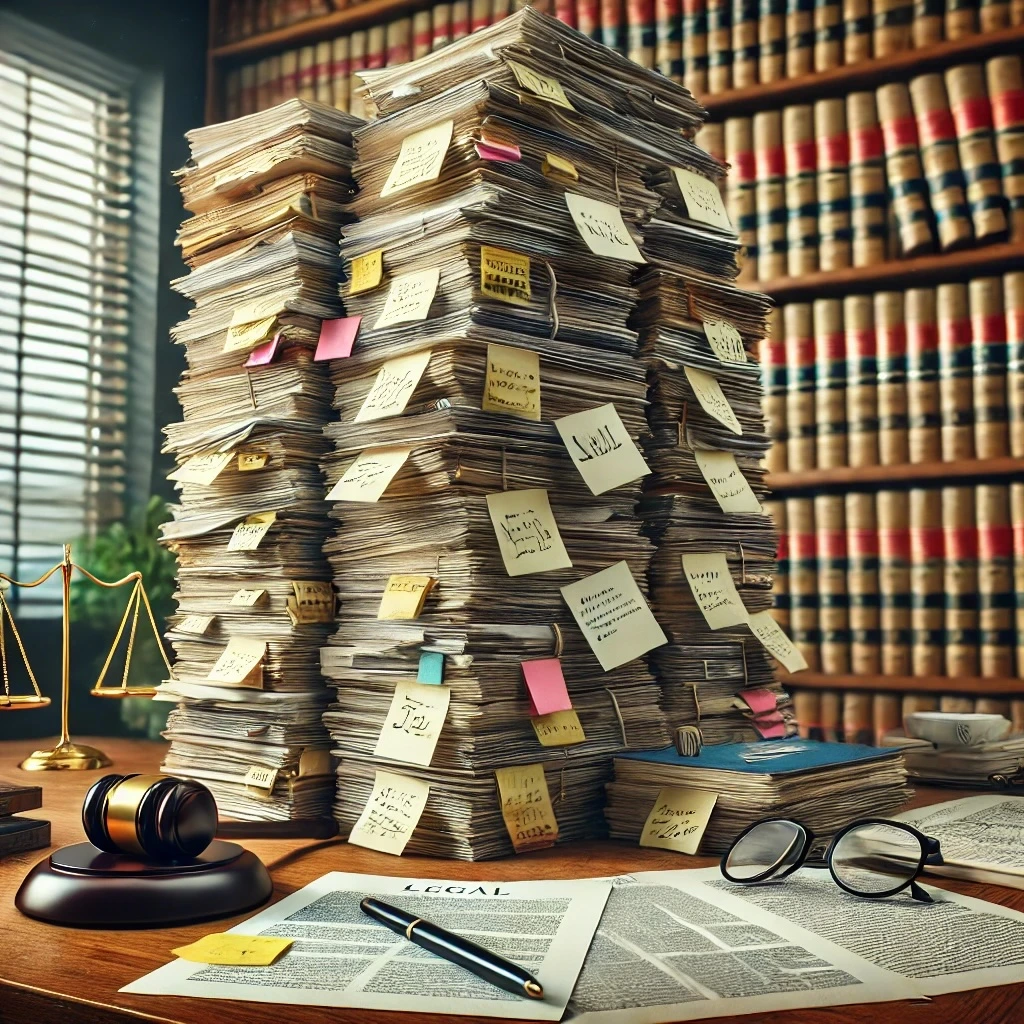 Large stack of legal paperwork on a wooden desk with a gavel, reading glasses, and coffee, symbolizing the complexities of Pennsylvania workers' compensation claims and the appeals process.