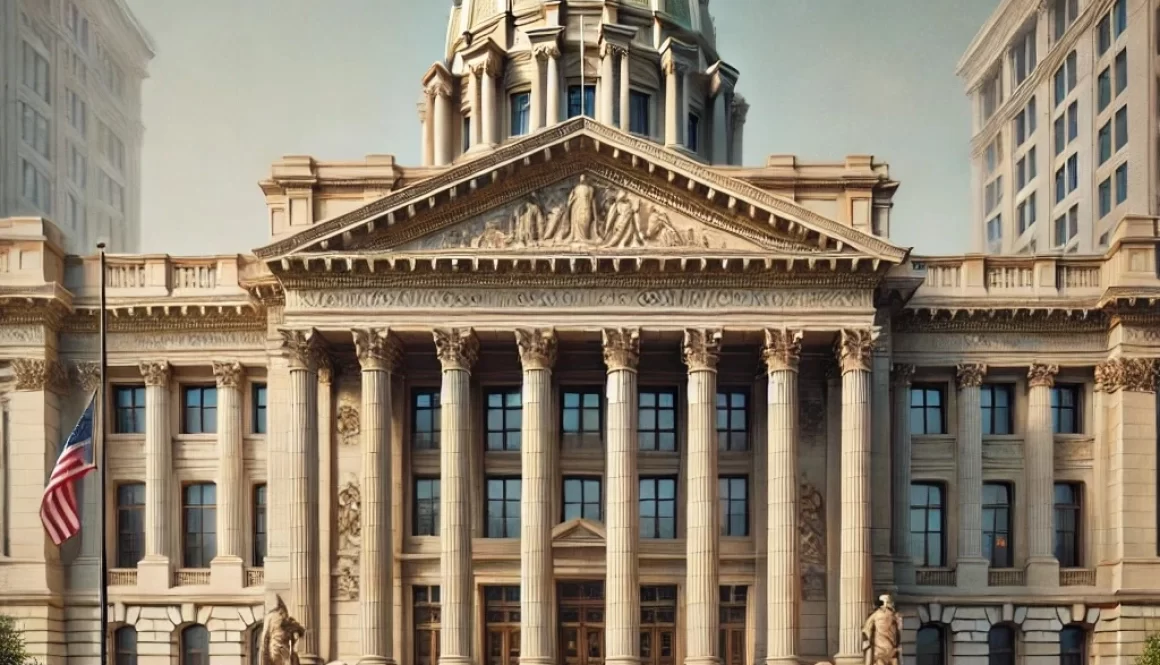 Neoclassical Pennsylvania Commonwealth Court building with large columns and steps, representing the formal appeals process for Pennsylvania workers' compensation cases. The American and Pennsylvania state flags wave, symbolizing justice for injured workers seeking benefits through the court system.