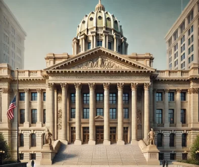 Neoclassical Pennsylvania Commonwealth Court building with large columns and steps, representing the formal appeals process for Pennsylvania workers' compensation cases. The American and Pennsylvania state flags wave, symbolizing justice for injured workers seeking benefits through the court system.