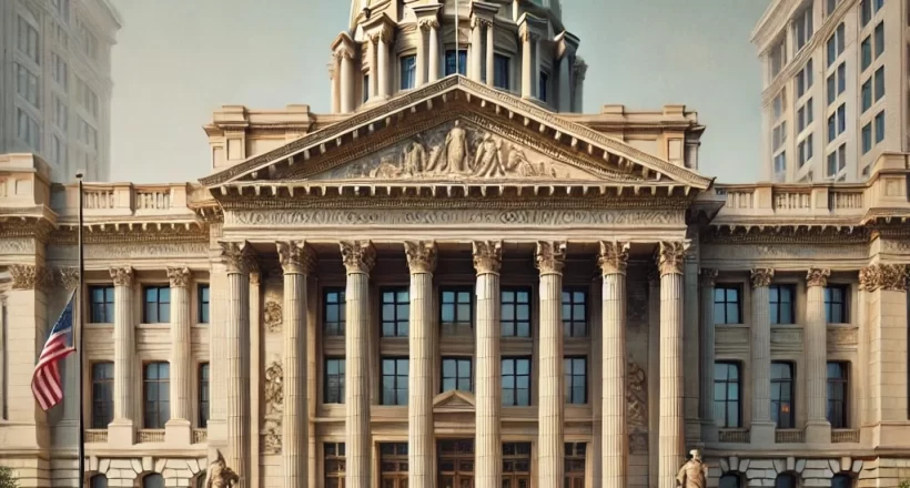 Neoclassical Pennsylvania Commonwealth Court building with large columns and steps, representing the formal appeals process for Pennsylvania workers' compensation cases. The American and Pennsylvania state flags wave, symbolizing justice for injured workers seeking benefits through the court system.