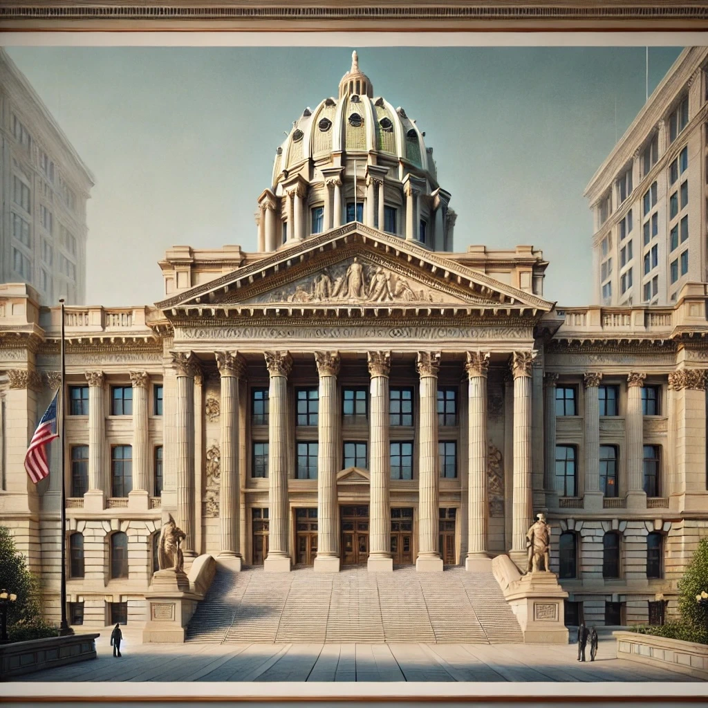 Neoclassical Pennsylvania Commonwealth Court building with large columns and steps, representing the formal appeals process for Pennsylvania workers' compensation cases. The American and Pennsylvania state flags wave, symbolizing justice for injured workers seeking benefits through the court system.