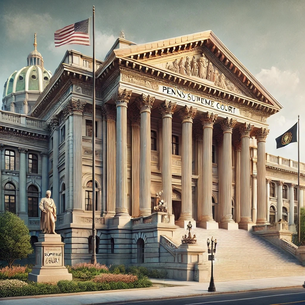 Pennsylvania Supreme Court building with grand neoclassical architecture, symbolizing the final appeals process for Pennsylvania workers' compensation cases. Towering columns, ornate stone details, and state flags represent justice and legal authority for injured workers seeking resolution through the highest court in PA.