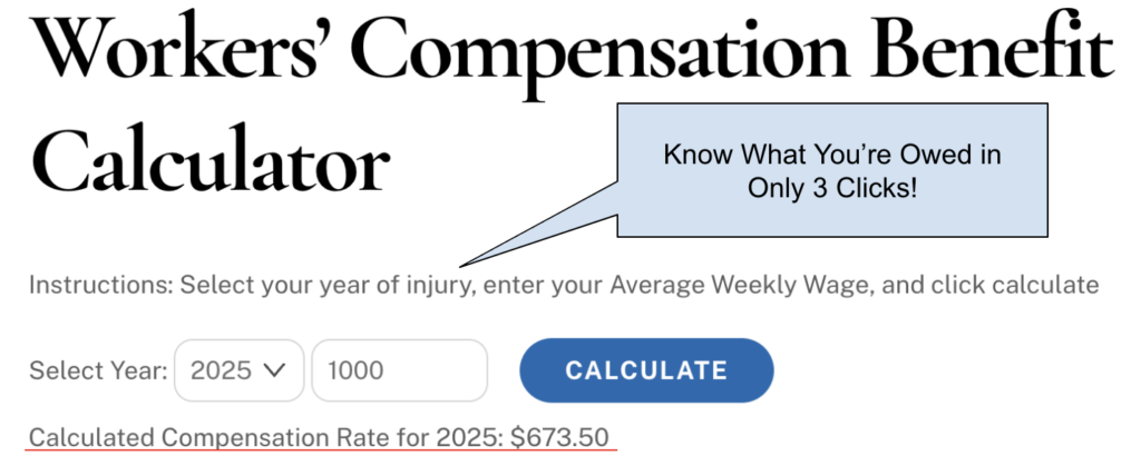 Workers’ Compensation Rate Calculator for Pennsylvania, showing three simple steps to calculate benefits by selecting the injury year, entering the average weekly wage, and clicking 'Calculate.' The displayed example shows a calculated compensation rate for 2025 of $673.50.