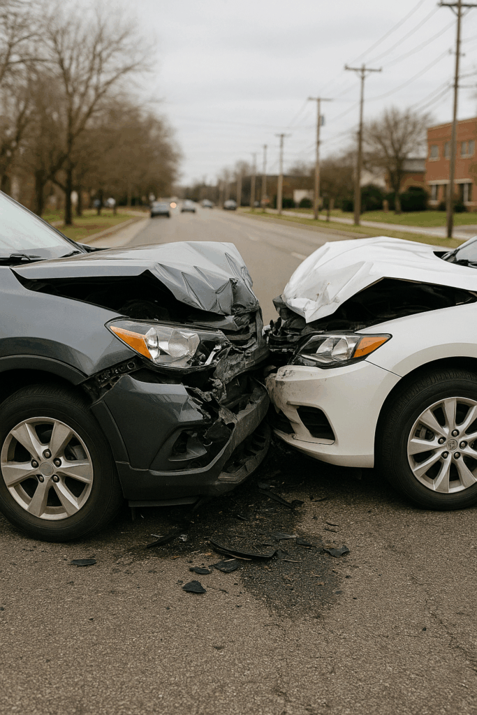 Aftermath of a Car Crash – Visualizing Auto Accident Claims - McMenamin & Wing - Workers' Comp Lawyers Two cars with crumpled front ends after a collision on a suburban street, showing visible damage and debris.