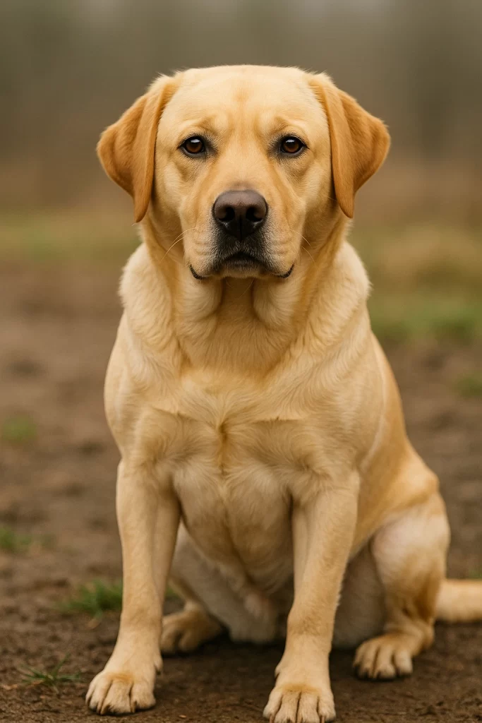 Calm Labrador Retriever – Symbol of Dog Bite Liability Cases - McMenamin & Wing - Workers' Comp Lawyers Golden Labrador Retriever sitting outdoors on a cloudy day, looking directly at the camera.