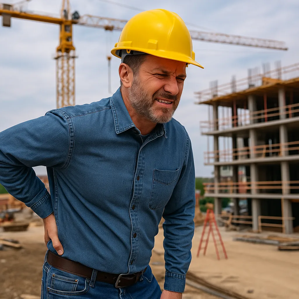 Construction worker grimacing in pain while holding his lower back at a job site, wearing a yellow hard hat and denim shirt.