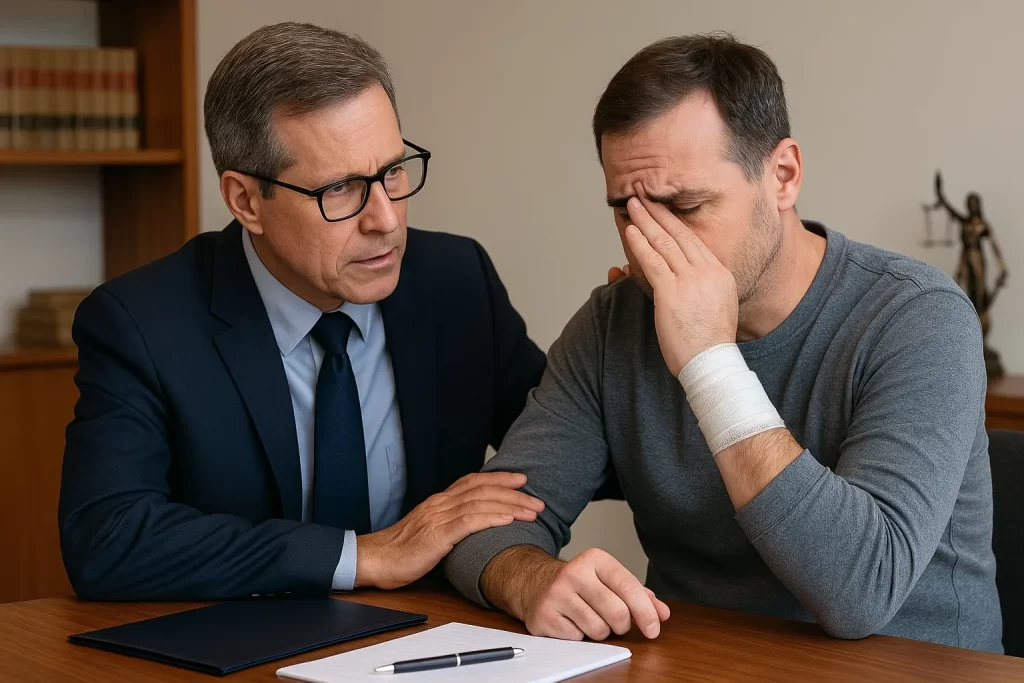 Injured man with bandaged wrist consults a concerned attorney at a legal office table.