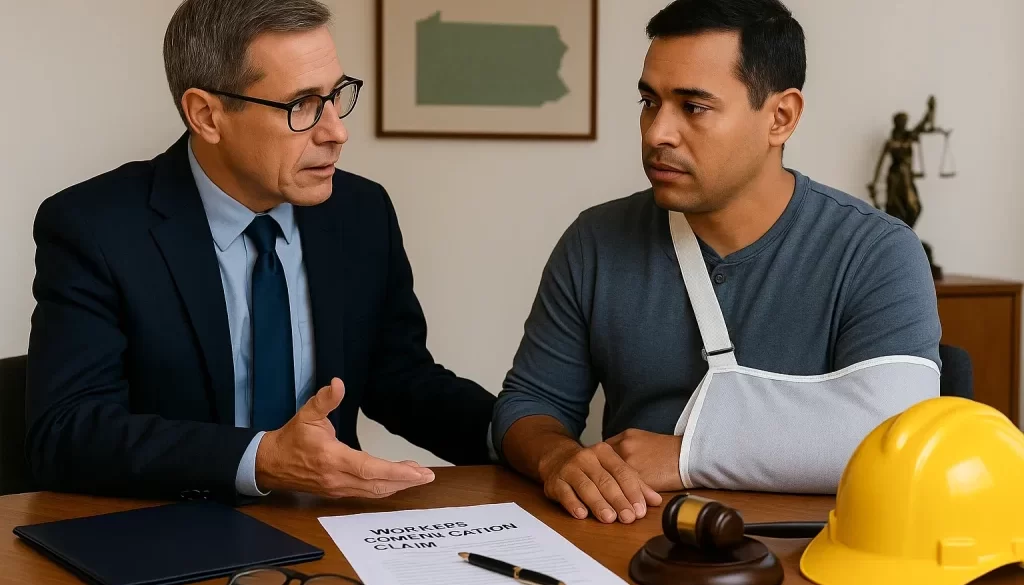 Injured worker with arm in a sling consults a Pennsylvania workers’ compensation attorney at a law office desk with claim form and hard hat.