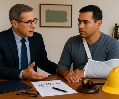 Injured worker with arm in a sling consults a Pennsylvania workers’ compensation attorney at a law office desk with claim form and hard hat.