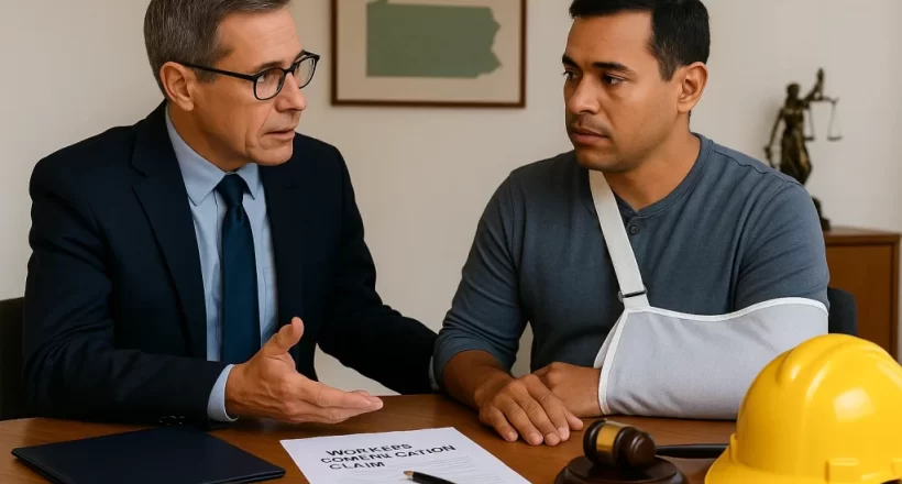 Compassionate Workers’ Comp Help in Pennsylvania Injured worker with arm in a sling consults a Pennsylvania workers’ compensation attorney at a law office desk with claim form and hard hat.