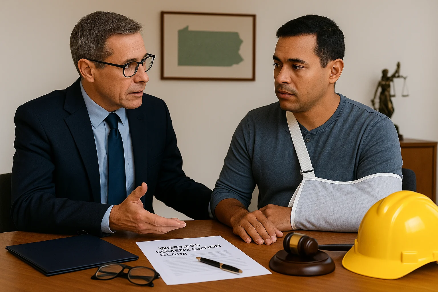 Injured worker with arm in a sling consults a Pennsylvania workers’ compensation attorney at a law office desk with claim form and hard hat.