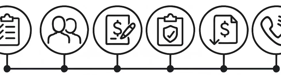 Process Timeline — How We Partner (PA Workers’ Comp Referrals) Minimalist timeline with six icons representing intake, co-counsel, engagement, compliance, payment, and contact for PA workers’ comp referrals.