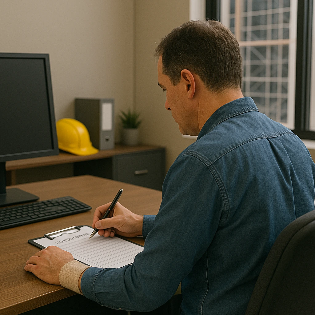 Injured Pennsylvania worker with a bandaged wrist filling out an incident report at an office desk after a workplace accident