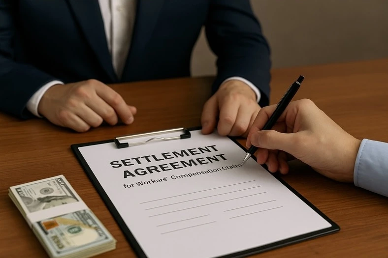 Close-up of a workers’ compensation settlement agreement being signed with cash on the table in Pennsylvania