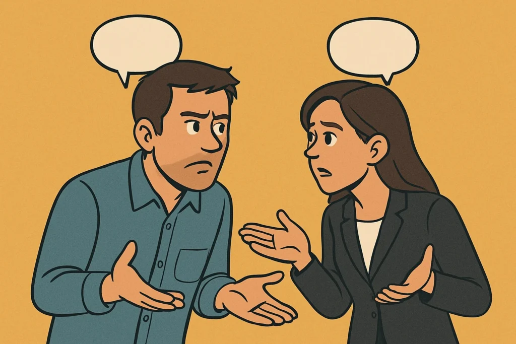Client Controls Settlement Decision — Pennsylvania Workers’ Comp - McMenamin & Wing - Workers' Comp Lawyers Injured worker and attorney debating a settlement decision with empty speech bubbles, symbolizing client control.