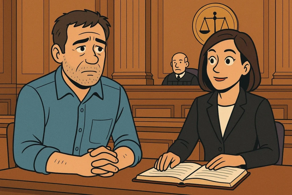 Lawyer Advises in Court — Client Decides Settlement - McMenamin & Wing - Workers' Comp Lawyers Client with lawyer in Pennsylvania courtroom discussing workers’ comp settlement approval before a judge.