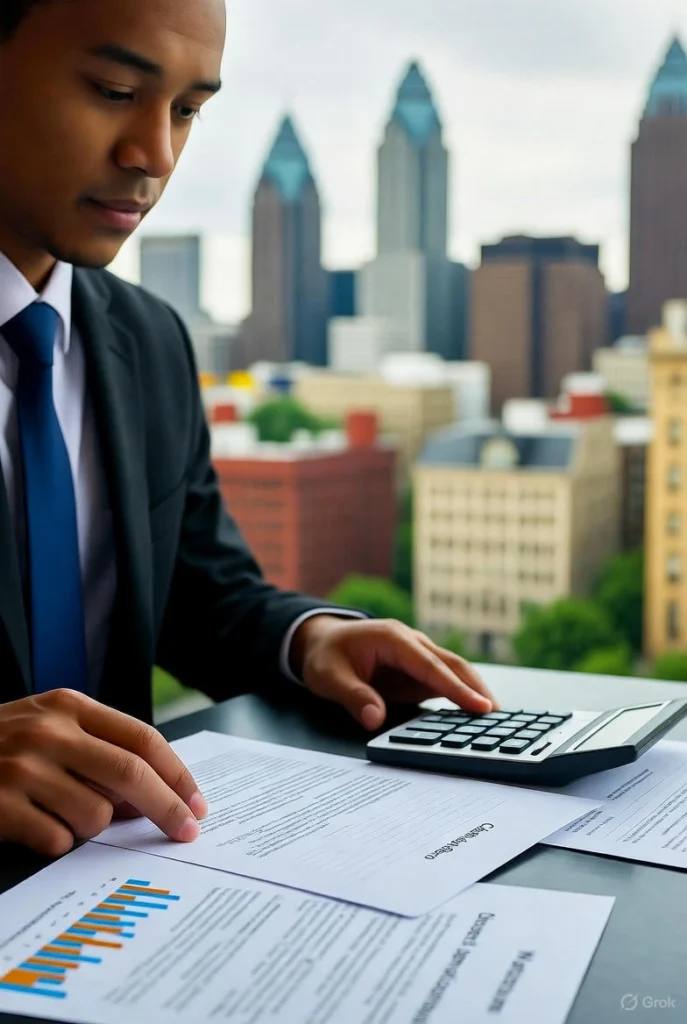Attorney calculating denied workers' comp claim value in PA with Philadelphia skyline in background