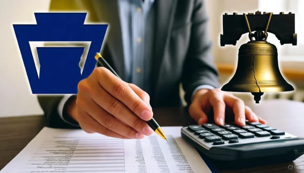 Professional reviewing PA denied workers' comp claim value using calculator with Pennsylvania state symbols