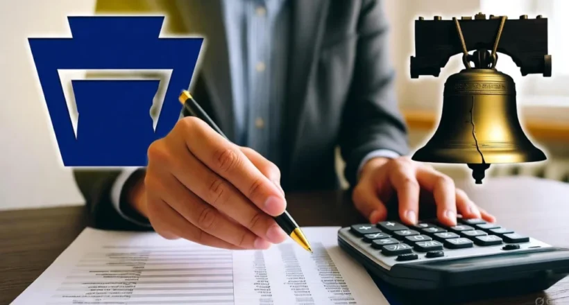 Professional reviewing PA denied workers' comp claim value using calculator with Pennsylvania state symbols