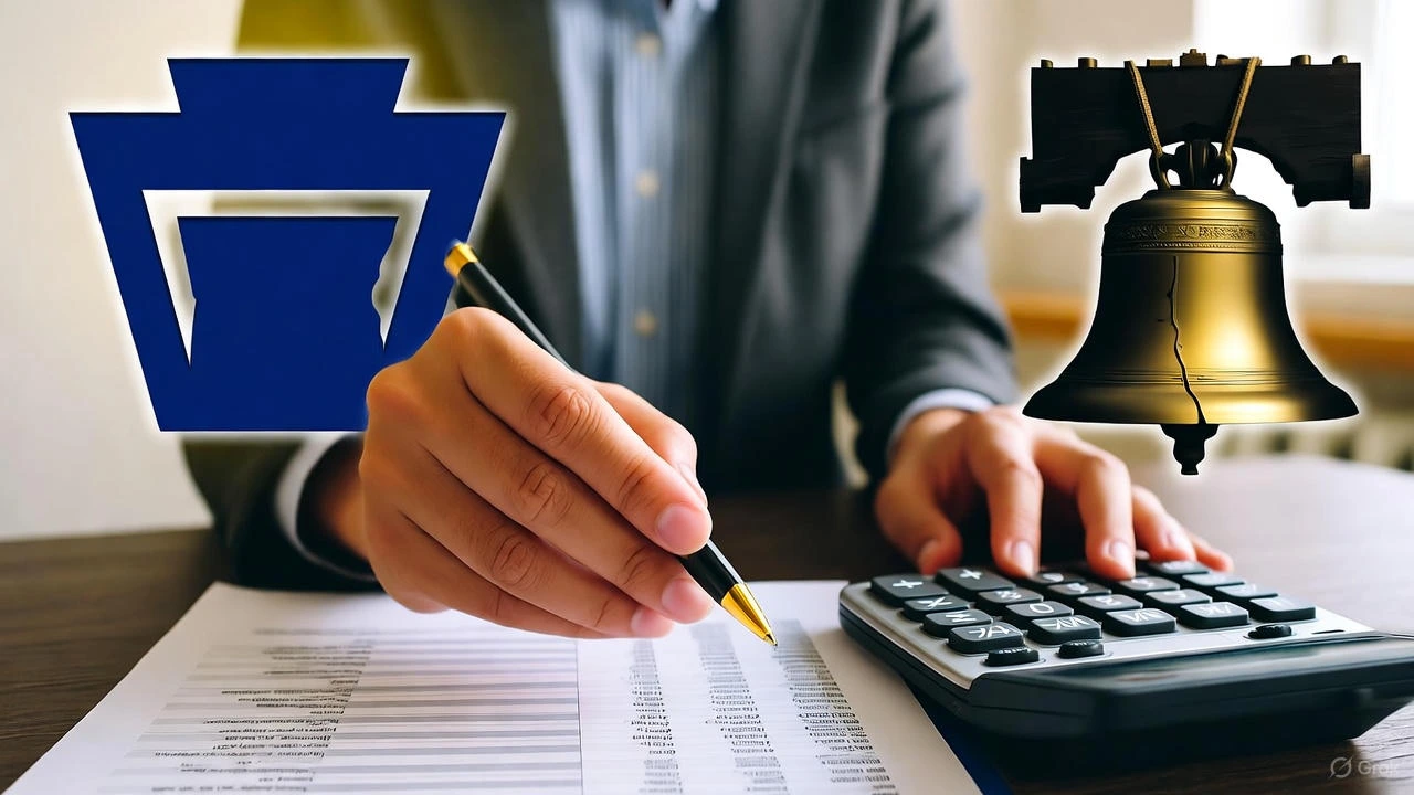 Professional reviewing PA denied workers' comp claim value using calculator with Pennsylvania state symbols