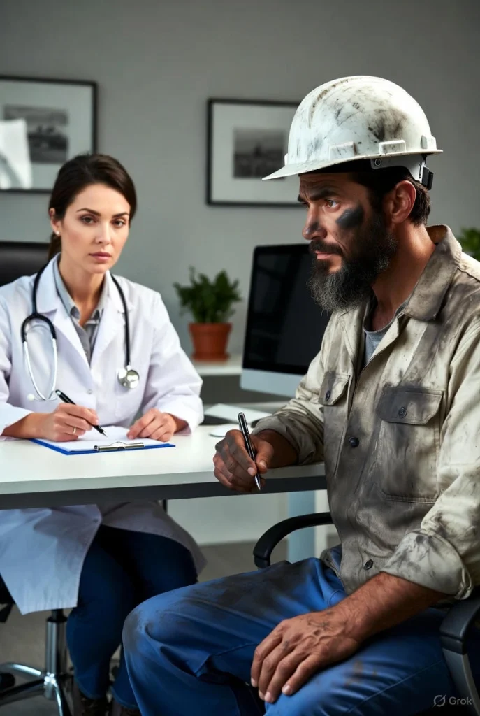 Pennsylvania Workers’ Compensation IME: Injured Construction Worker at Independent Medical Examination - McMenamin & Wing - Workers' Comp Lawyers Injured construction worker in hard hat and dirty work clothes fills out paperwork during a Pennsylvania workers’ compensation Independent Medical Examination (IME) with doctor taking notes