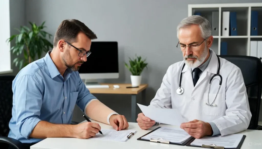 Injured worker with arm in cast fills out forms while insurance company doctor reviews medical records during Pennsylvania workers’ compensation Independent Medical Examination (IME)