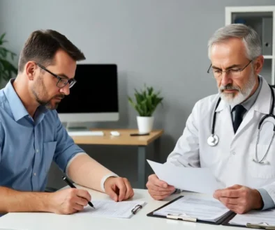 Injured worker with arm in cast fills out forms while insurance company doctor reviews medical records during Pennsylvania workers’ compensation Independent Medical Examination (IME)