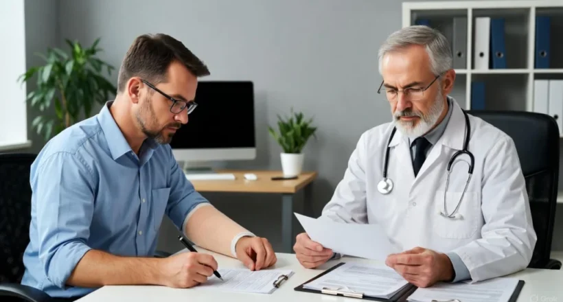 Injured worker with arm in cast fills out forms while insurance company doctor reviews medical records during Pennsylvania workers’ compensation Independent Medical Examination (IME)