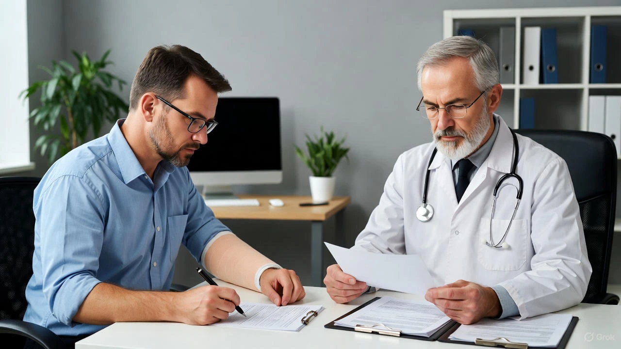 Injured worker with arm in cast fills out forms while insurance company doctor reviews medical records during Pennsylvania workers’ compensation Independent Medical Examination (IME)