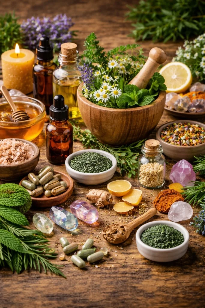 CBD Oil And Alternative Pain Management Under Pennsylvania Workers Compensation - McMenamin & Wing - Workers' Comp Lawyers Wooden table with herbs, essential oils, capsules, honey, lemon, and natural remedies including CBD oil used for alternative pain management.