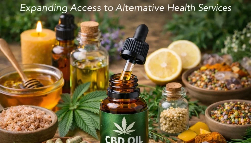 CBD oil bottle with dropper surrounded by herbs and natural remedies, with text reading “CBD Oil & PA Workers’ Compensation Cases – Expanding Access to Alternative Health Services.”