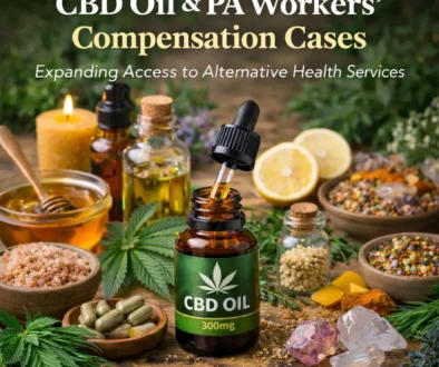 CBD oil bottle with dropper surrounded by herbs and natural remedies, with text reading “CBD Oil & PA Workers’ Compensation Cases – Expanding Access to Alternative Health Services.”