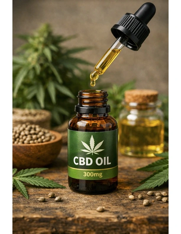 CBD Oil Reimbursement In Pennsylvania Workers’ Compensation Cases - McMenamin & Wing - Workers' Comp Lawyers Close-up of a CBD oil bottle with dropper, hemp leaves, and seeds representing prescribed CBD treatment for chronic pain.