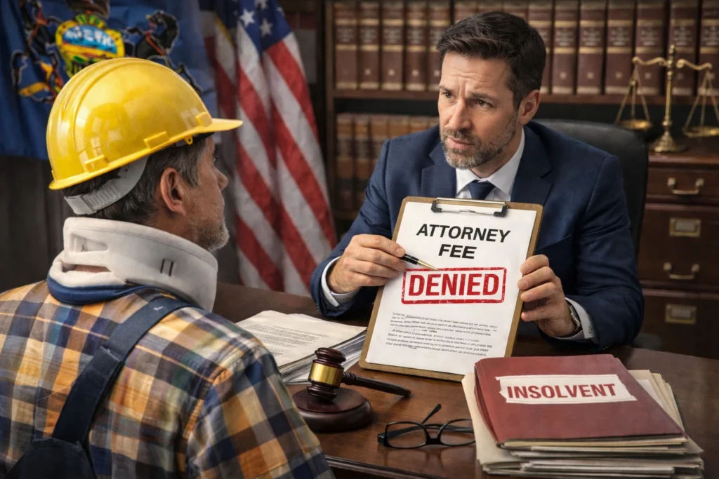 Attorney in a law office holds a clipboard labeled “ATTORNEY FEE” stamped “DENIED” while meeting with an injured construction worker in a neck brace; an “INSOLVENT” file sits on the desk, representing a Pennsylvania workers’ compensation case where attorney fees are not recoverable against the Security Fund.