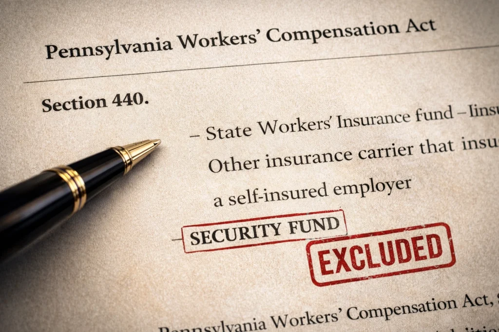 Close-up of a document titled “Pennsylvania Workers’ Compensation Act” and “Section 440” with the words “SECURITY FUND” underlined and stamped “EXCLUDED,” and a fountain pen pointing at the text, illustrating that attorney fees do not apply to the Security Fund.