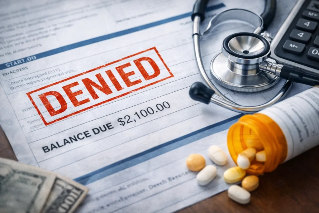 Medical bill stamped “DENIED” with a balance due amount beside a stethoscope and prescription pills illustrating a workers’ compensation medical payment dispute.