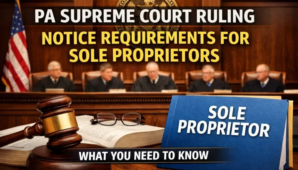 Pennsylvania Supreme Court courtroom with gavel and text about notice requirements for sole proprietors