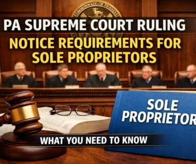 Pennsylvania Supreme Court courtroom with gavel and text about notice requirements for sole proprietors