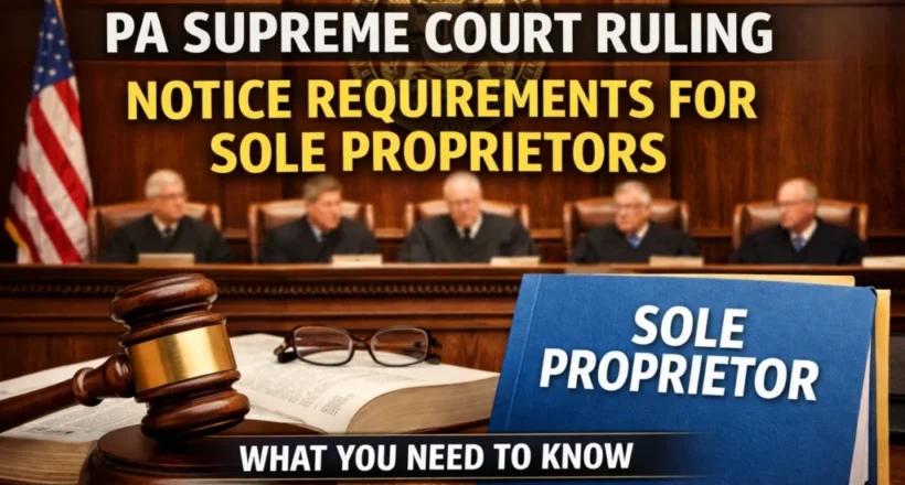 Pennsylvania Supreme Court courtroom with gavel and text about notice requirements for sole proprietors
