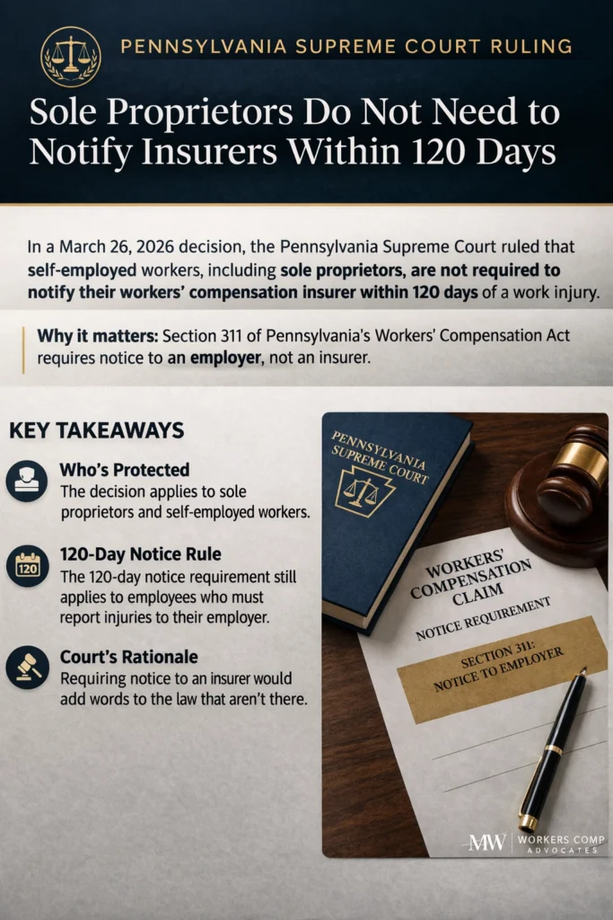 Infographic about the Pennsylvania Supreme Court ruling on insurer notice requirements for sole proprietors