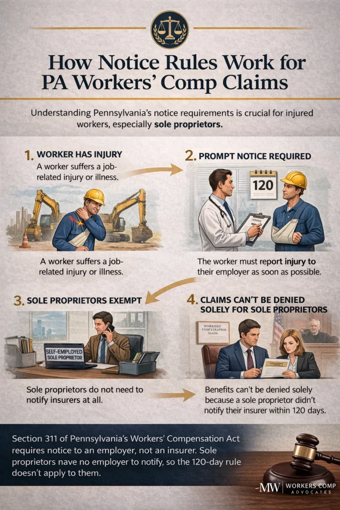 Comparison graphic showing how the 120-day notice rule applies to employees and sole proprietors in Pennsylvania workers compensation claims