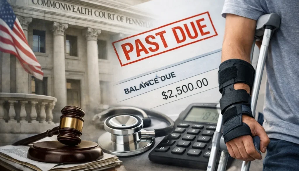 Composite image showing the Pennsylvania Commonwealth Court building, a medical bill stamped “PAST DUE” with a balance due amount, a judge’s gavel, and an injured worker using crutches, representing a court ruling allowing penalty petitions for unpaid workers’ compensation medical bills.