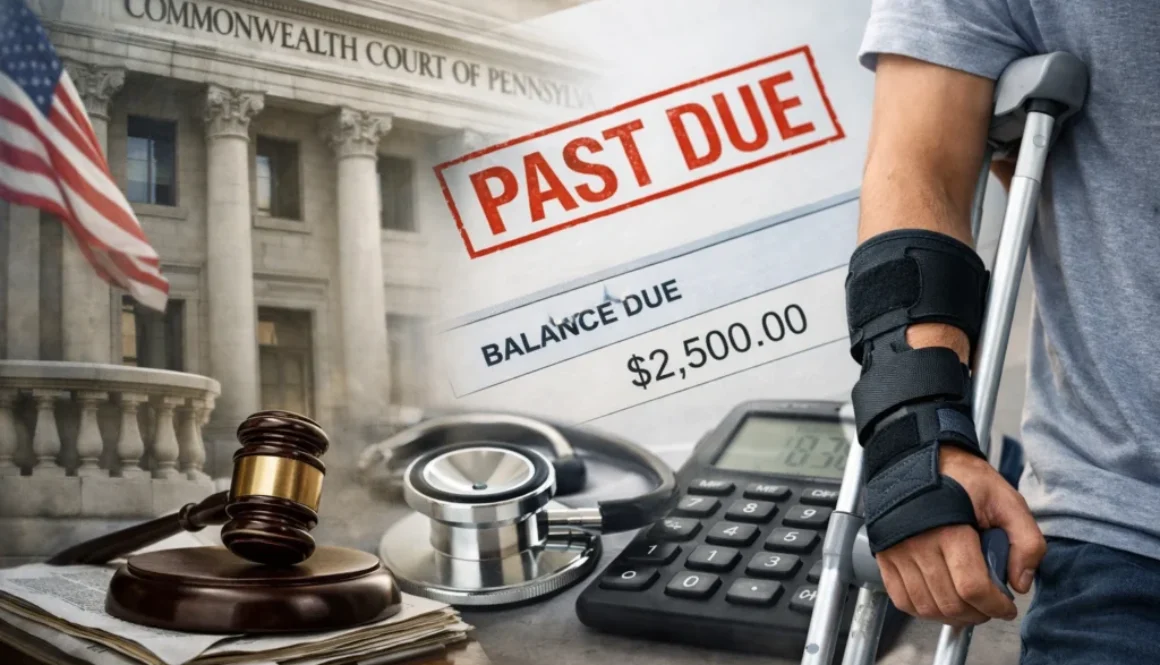 Composite image showing the Pennsylvania Commonwealth Court building, a medical bill stamped “PAST DUE” with a balance due amount, a judge’s gavel, and an injured worker using crutches, representing a court ruling allowing penalty petitions for unpaid workers’ compensation medical bills.